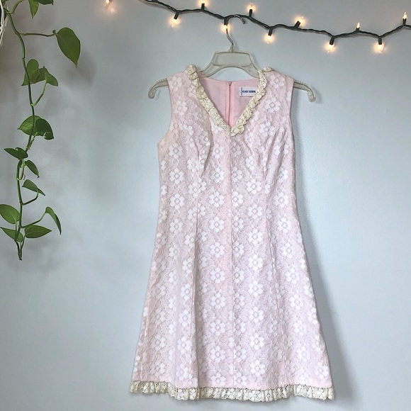 Vintage 60s pink white floral dress sleeveless blush mini ivory ruffle lace smal - Picture 3 of 11